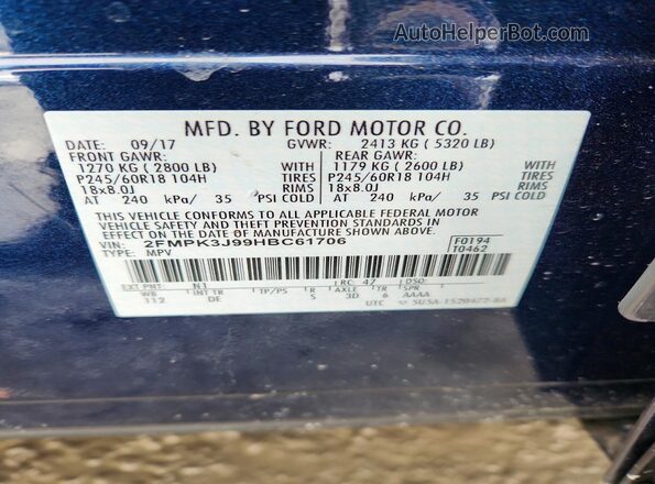 2FMPK3J99HBC61706 2017 FORD EDGE Blue VIN կոդի պիտակի տեսք