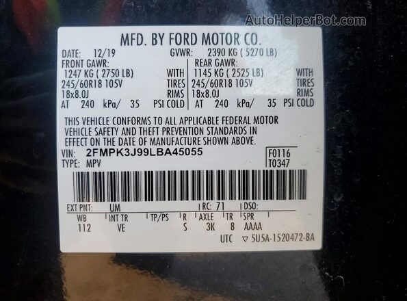 2FMPK3J99LBA45055 2020 FORD EDGE Black VIN კოდის სტიკერის ხედი