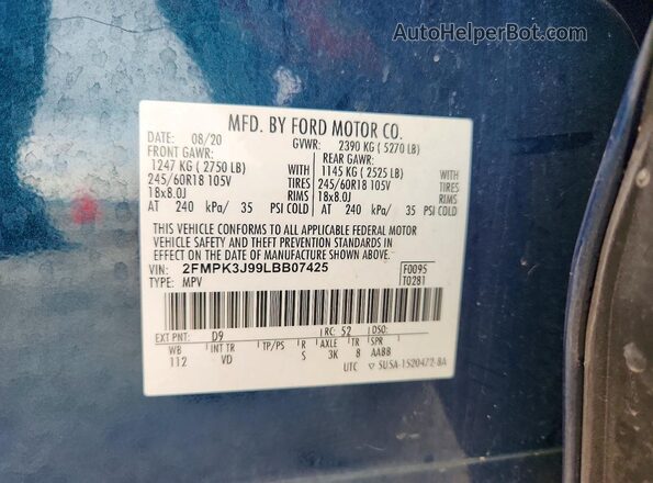 2FMPK3J99LBB07425 2020 FORD EDGE Blue Vista de la etiqueta del VIN