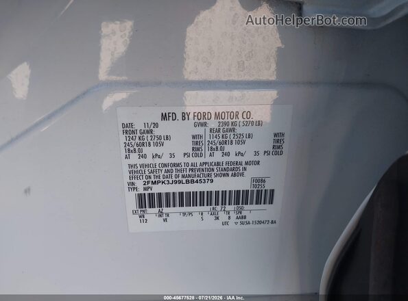 2FMPK3J99LBB45379 2020 FORD EDGE White Vista del compartimento del motor