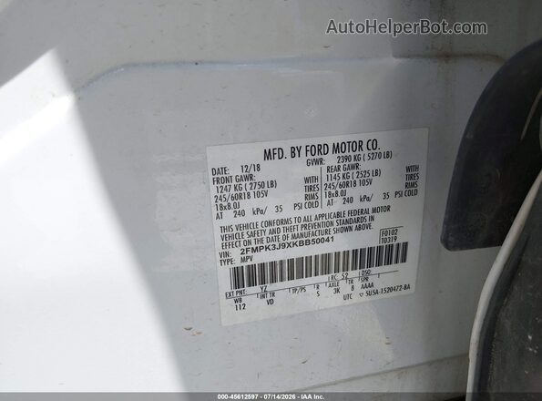 2FMPK3J9XKBB50041 2019 FORD EDGE White Vista del compartimento del motor