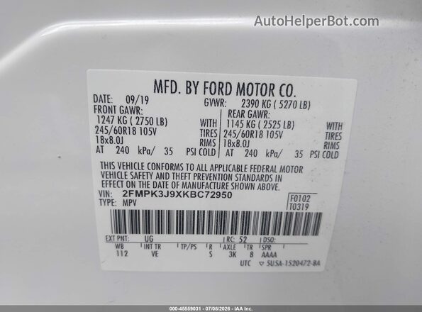 2FMPK3J9XKBC72950 2019 FORD EDGE White Vista del compartimento del motor