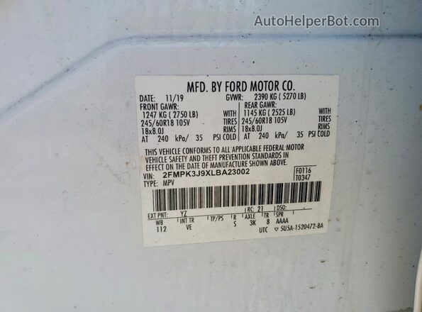 2FMPK3J9XLBA23002 2020 FORD EDGE White VIN կոդի պիտակի տեսք