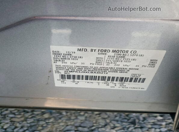 2FMPK3J9XLBA45212 2020 FORD EDGE Silver Vista de la etiqueta del VIN