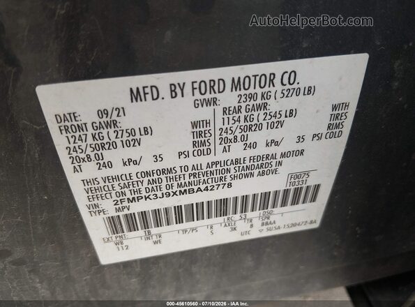 2FMPK3J9XMBA42778 2021 FORD EDGE Beige Engine compartment view