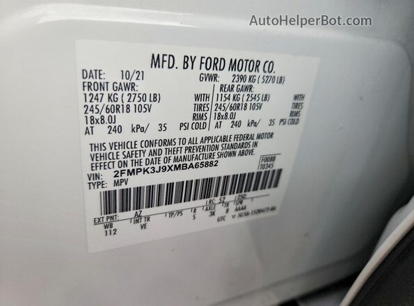 2FMPK3J9XMBA65882 2021 FORD EDGE White VIN sticker view