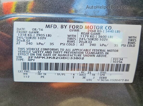2FMPK3K82GBC33802 2016 FORD EDGE Gray Vista de la etiqueta del VIN