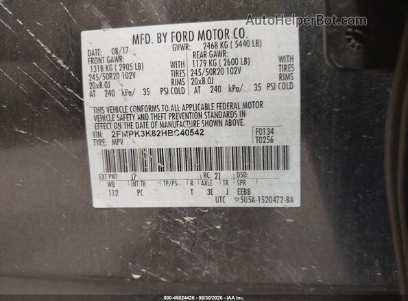 2FMPK3K82HBC40542 2017 FORD EDGE Gray Вид підкапотного простору