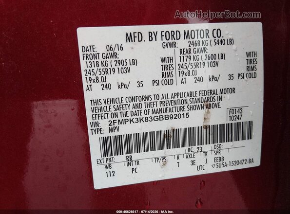2FMPK3K83GBB92015 2016 FORD EDGE Red ძრავის განყოფილების ხედი