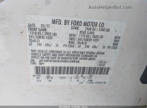 2FMPK3K83HBC09848 2017 FORD EDGE White ძრავის განყოფილების ხედი