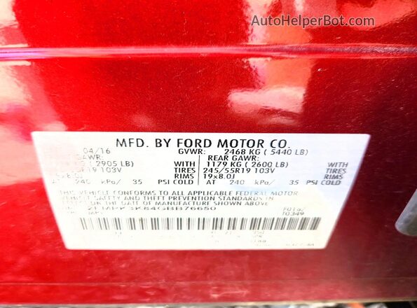 2FMPK3K84GBB76650 2016 FORD EDGE Red Widok naklejki z numerem VIN