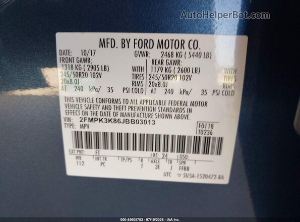 2FMPK3K86JBB03013 2018 FORD EDGE Blue Շարժիչի բաժամունքի տեսք