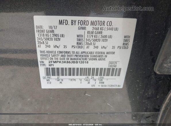 2FMPK3K86JBB12018 2018 FORD EDGE Gray Widok komory silnika