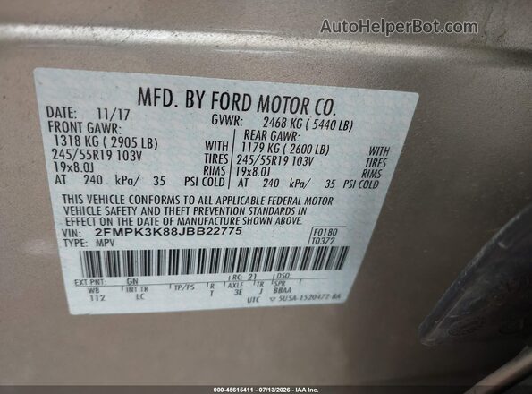 2FMPK3K88JBB22775 2018 FORD EDGE Silver Vista del compartimento del motor