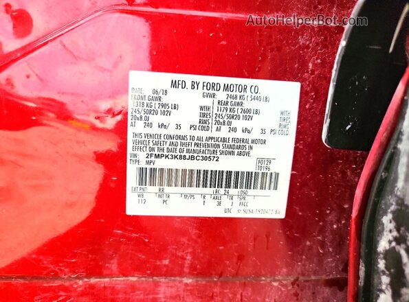 2FMPK3K88JBC30572 2018 FORD EDGE Red Вид наклейки з VIN-кодом