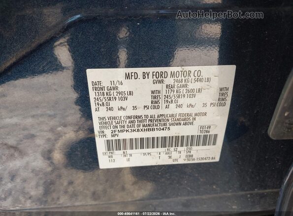 2FMPK3K8XHBB10475 2017 FORD EDGE Blue Widok komory silnika