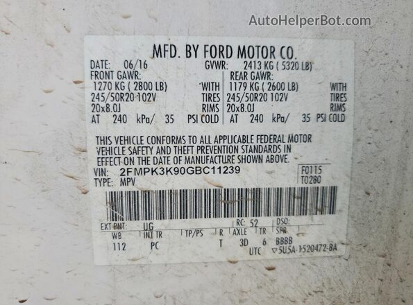 2FMPK3K90GBC11239 2016 FORD EDGE White VIN კოდის სტიკერის ხედი