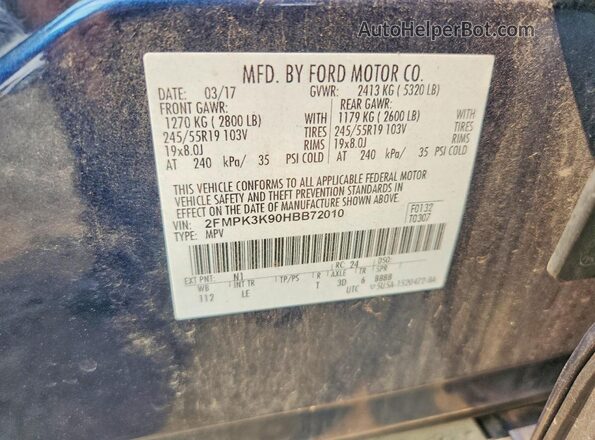 2FMPK3K90HBB72010 2017 FORD EDGE Blue VIN կոդի պիտակի տեսք