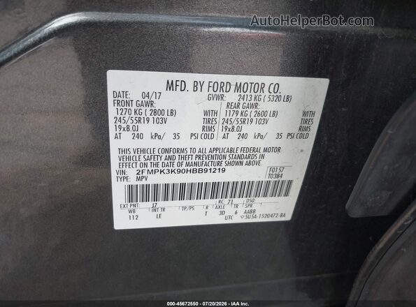 2FMPK3K90HBB91219 2017 FORD EDGE Gray Вид підкапотного простору