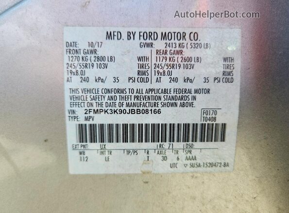 2FMPK3K90JBB08166 2018 FORD EDGE Silver Вид наклейки з VIN-кодом