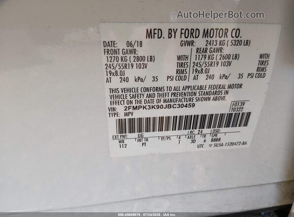 2FMPK3K90JBC30459 2018 FORD EDGE Белый Вид подкапотного пространства