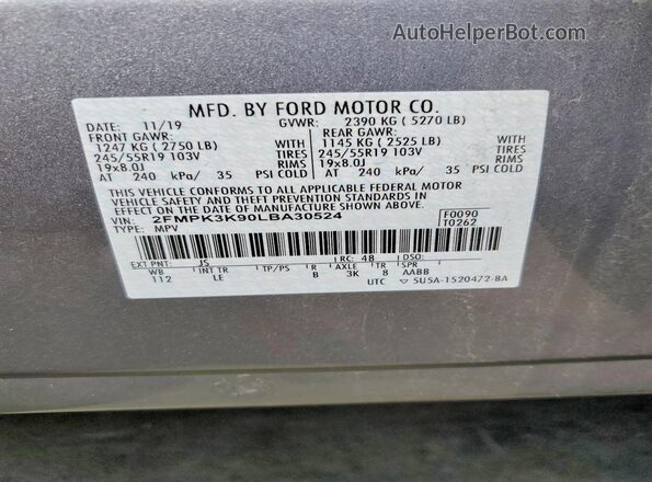 2FMPK3K90LBA30524 2020 FORD EDGE Silver Вид наклейки з VIN-кодом