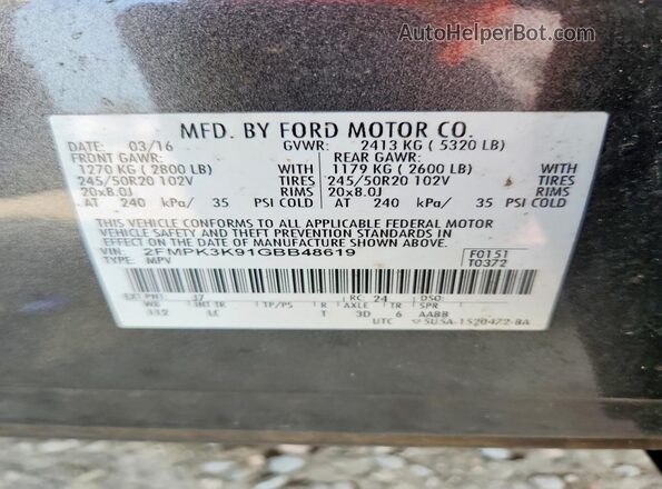 2FMPK3K91GBB48619 2016 FORD EDGE Gray Widok naklejki z numerem VIN