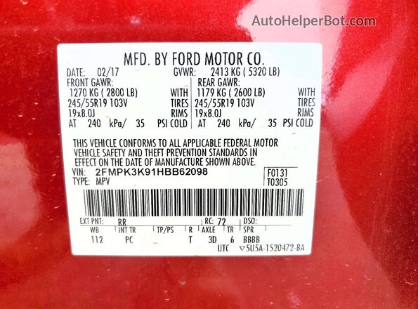 2FMPK3K91HBB62098 2017 FORD EDGE Red Engine compartment view