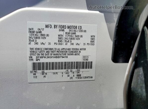 2FMPK3K91HBB79418 2017 FORD EDGE White VIN sticker view