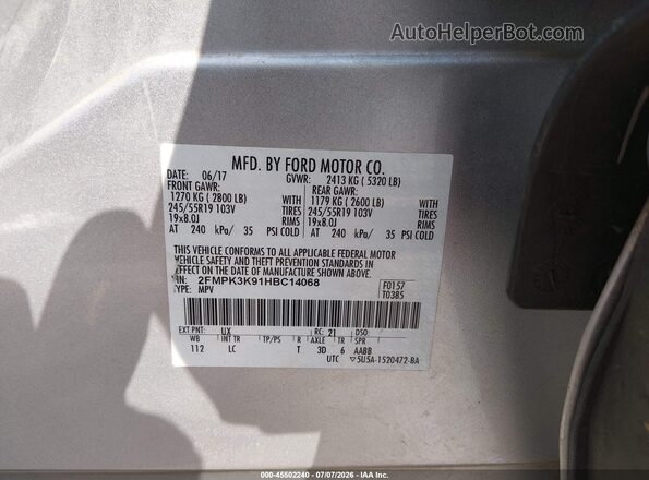 2FMPK3K91HBC14068 2017 FORD EDGE Silver Вид підкапотного простору