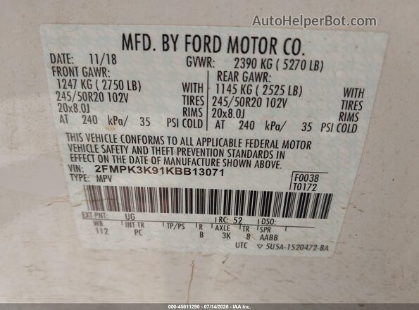 2FMPK3K91KBB13071 2019 FORD EDGE White Widok komory silnika