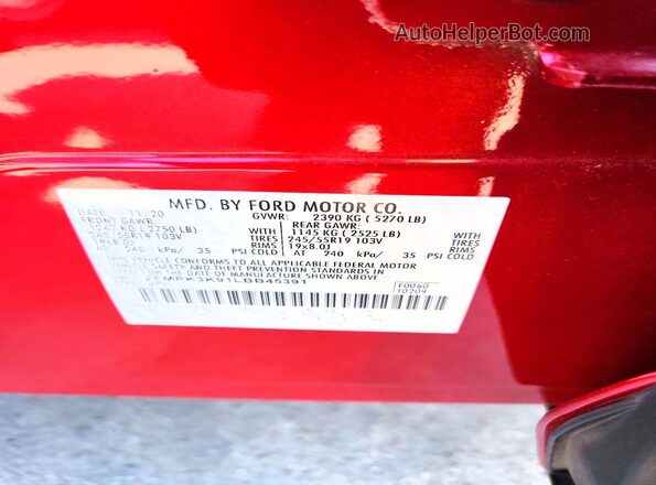 2FMPK3K91LBB45391 2020 FORD EDGE Красный Панорамный вид салона 360°
