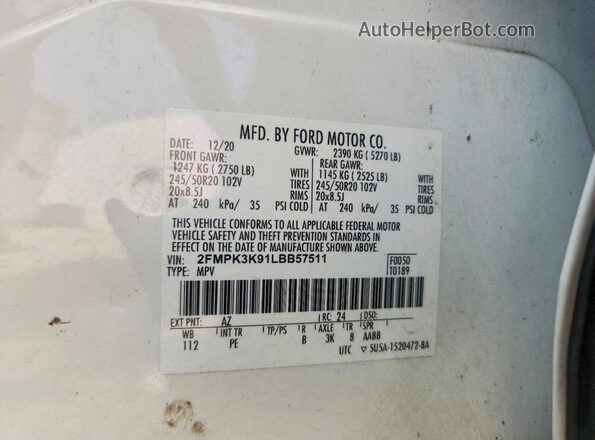 2FMPK3K91LBB57511 2020 FORD EDGE White ძრავის განყოფილების ხედი