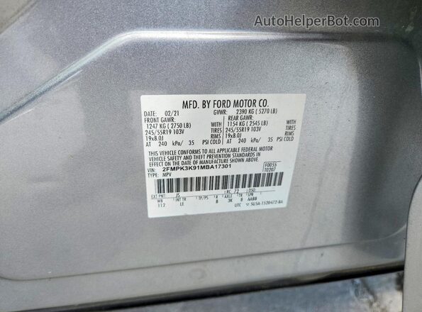 2FMPK3K91MBA17301 2021 FORD EDGE Silver Vista de la etiqueta del VIN