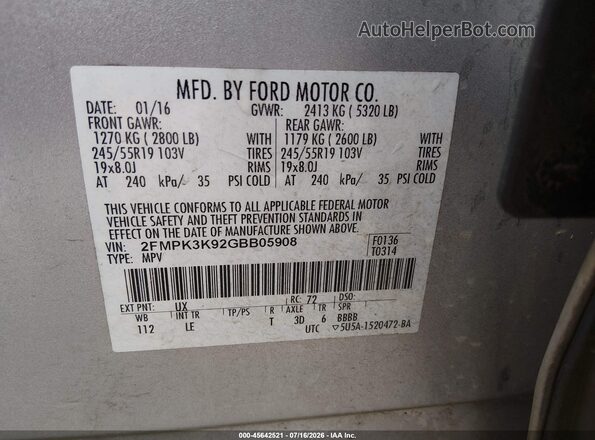 2FMPK3K92GBB05908 2016 FORD EDGE Silver ძრავის განყოფილების ხედი