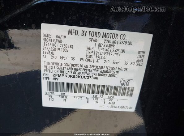 2FMPK3K92KBC37348 2019 FORD EDGE Черный Вид подкапотного пространства