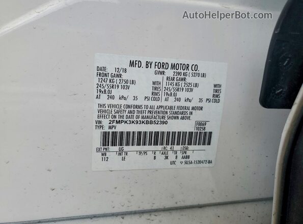 2FMPK3K93KBB52390 2019 FORD EDGE White Widok naklejki z numerem VIN