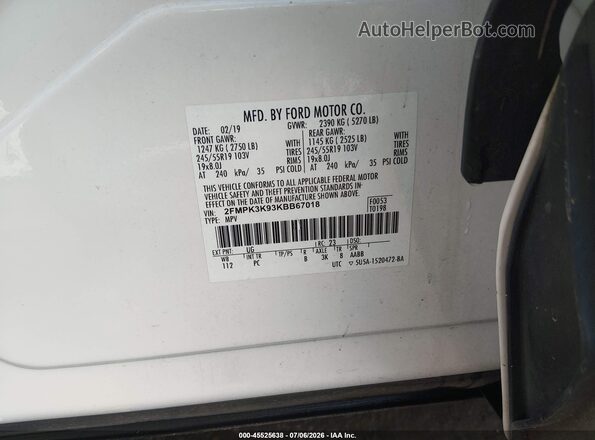 2FMPK3K93KBB67018 2019 FORD EDGE White Engine compartment view
