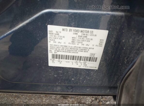 2FMPK3K93KBC20235 2019 FORD EDGE Синий Вид подкапотного пространства