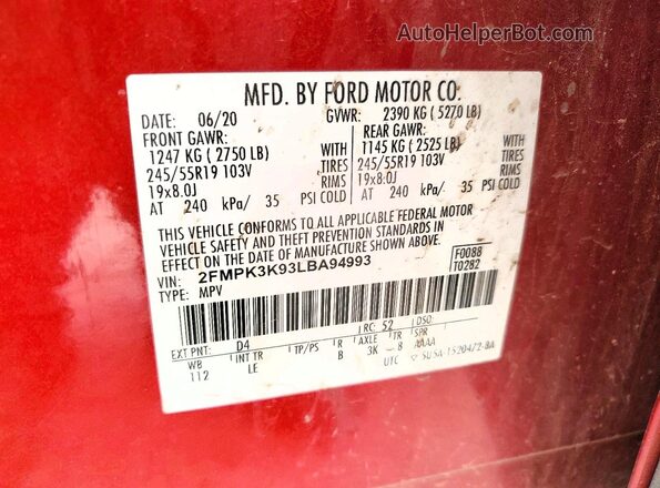 2FMPK3K93LBA94993 2020 FORD EDGE Красный Вид наклейки с VIN-кодом