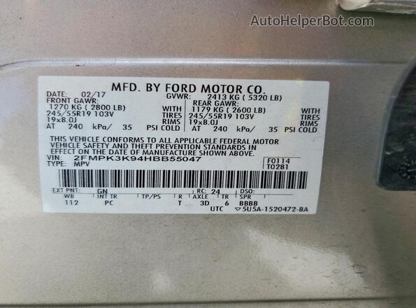 2FMPK3K94HBB55047 2017 FORD EDGE Gold VIN კოდის სტიკერის ხედი