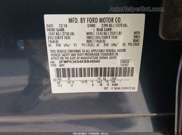 2FMPK3K94KBB49045 2019 FORD EDGE Blue Vista del compartimento del motor