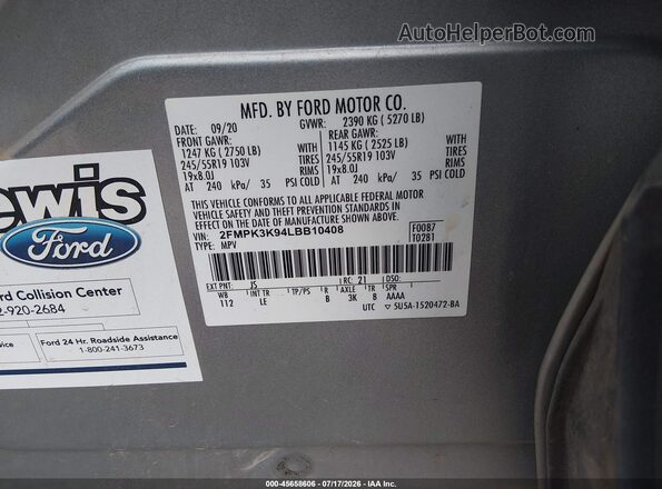 2FMPK3K94LBB10408 2020 FORD EDGE Silver Вид підкапотного простору