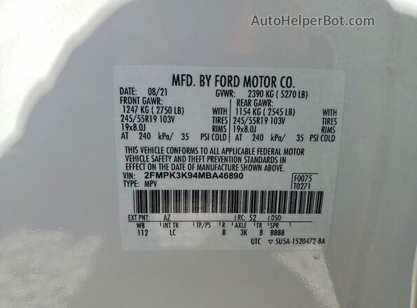 2FMPK3K94MBA46890 2021 FORD EDGE White 360 interior view