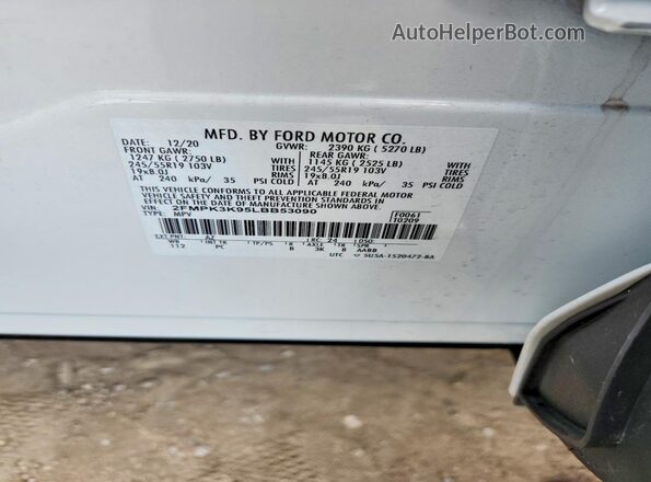 2FMPK3K95LBB53090 2020 FORD EDGE Белый Вид наклейки с VIN-кодом