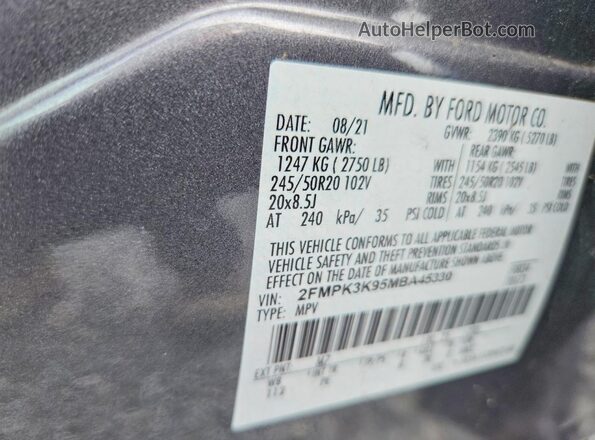 2FMPK3K95MBA45330 2021 FORD EDGE Gray Вид підкапотного простору