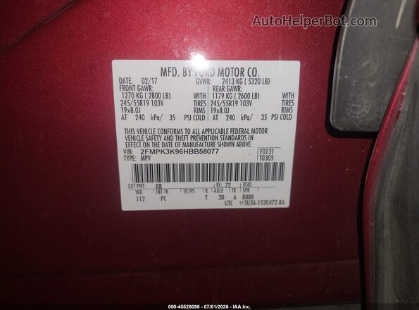 2FMPK3K96HBB58077 2017 FORD EDGE Red Widok komory silnika