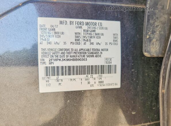 2FMPK3K96HBB90303 2017 FORD EDGE Gray Widok naklejki z numerem VIN