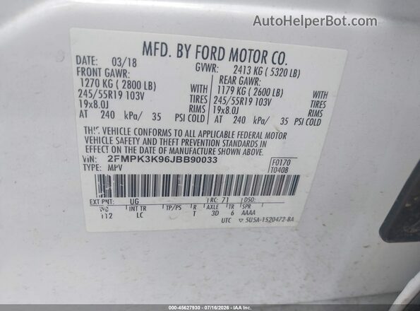 2FMPK3K96JBB90033 2018 FORD EDGE White ძრავის განყოფილების ხედი