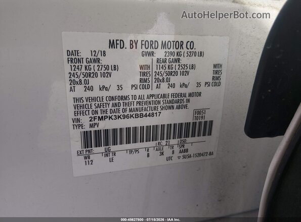 2FMPK3K96KBB44817 2019 FORD EDGE White ძრავის განყოფილების ხედი